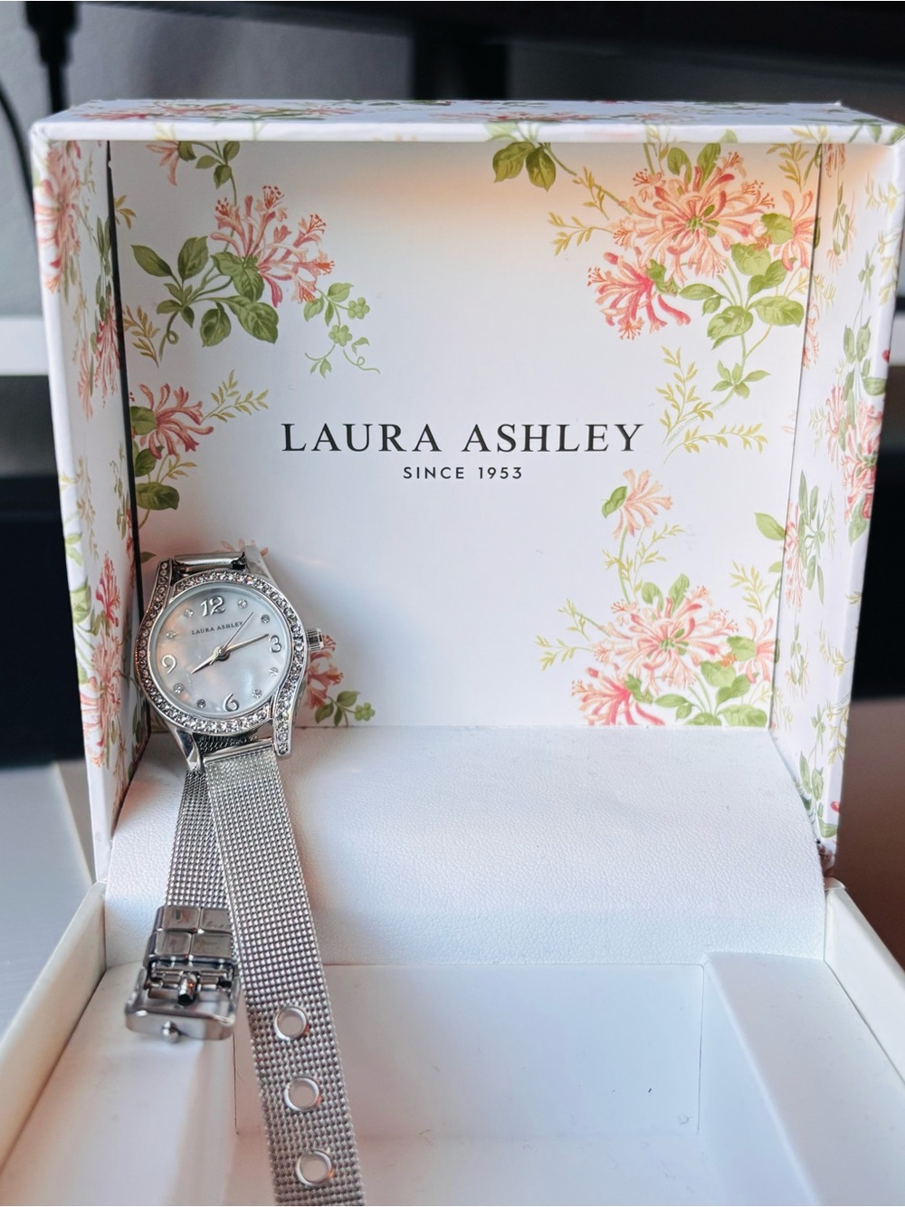 Laura Ashley Silver Tone Mesh Bracelet Watch with Crystal Accents